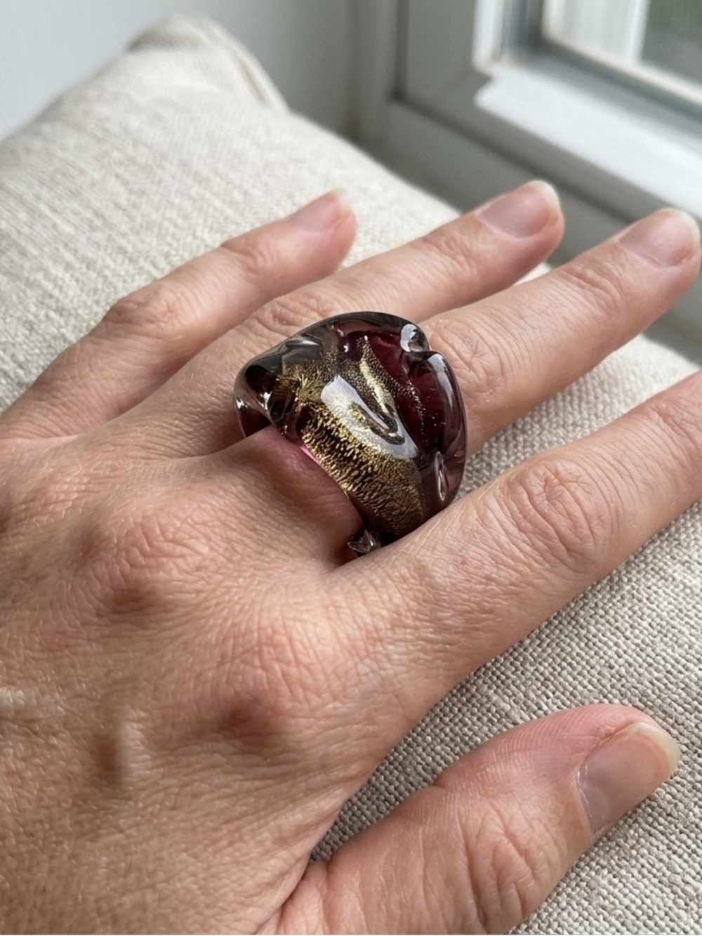 Glass Statement Ring in Burgundy with Gold Accent